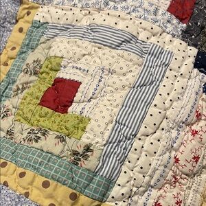 Garnet Hill Patchwork Quilted Pillowcases x 2 with Red, Blue, and Cream Hues.
